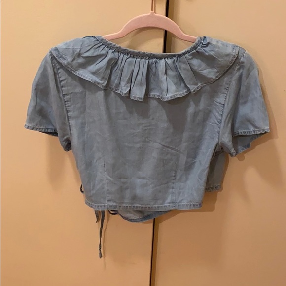 ASOS Ruffle Wrap Crop Top Denim - Picture 3 of 3